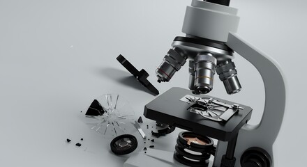 Poster - Dramatic Visual of a Heavily Damaged Microscope Isolated on White Screen Background Symbolizing Scientific Challenges Destruction and Setback in Research Studies and Discovery Processes