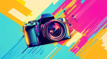 Poster - Vibrant illustration of a DSLR camera against a colorful abstract background.