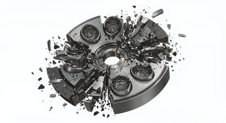 Poster - Fractured Centrifuge Fragments Scattered In Metallic Color Showcasing Chaos and Wasted Potential Isolated On White Screen Background Perfect For Symbolic Representations And Industrial Concepts