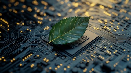 Poster - A smartphone is shown in a detailed photo with a green leaf sitting on its back
