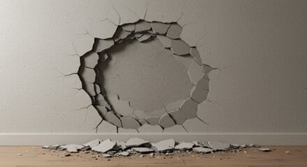 Poster - Heavily Damaged Wall with a Large Hole Isolated on White Screen Background Shows Concrete Chunks and Exposed Interior Ideal For Structural Issue Themes
