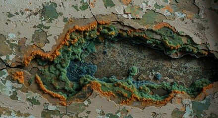 Poster - Heavily Damaged Wall with Cracks and Orange and Green Mold Isolated on White Screen Background Perfect for Texture and Unique Weathered Artistic Design and Backgrounds