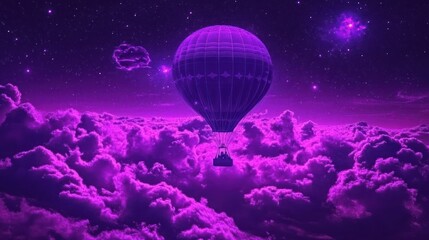 Wall Mural - purple hot air balloon floats amidst a cosmic cloud scape.
