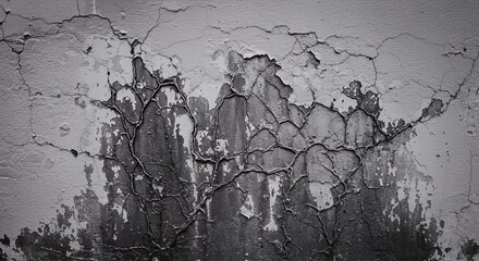 Poster - Monochrome Damaged Wall Isolated on White Screen Background With Burst Plaster Exposing Raw Concrete Displaying Effects of Water Pressure Perfect for Decoration Ads