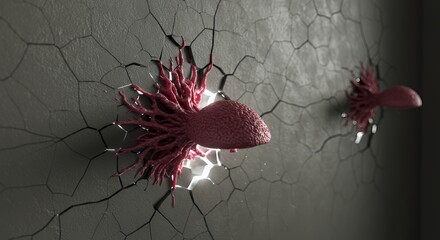 Poster - Otherworldly Fungal Bloom Bursting Through Cracked Wall Isolated on White Screen Background Damage and Intense Detail Perfect for Decoration and Reuse Conceptual Visual