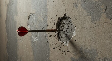 Poster - Red Dart Stuck in Gray Drywall Target isolated on White Screen Background Representing Damage and Impact in a Clean Studio Setting for Ads Promotion and Decoration
