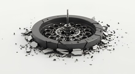 Poster - Shattered Monochromatic Mri Machine Remains Isolated on White Screen Background Depicting Damage Repair and Technological Breakdown Perfect for Advertising and Conceptual Design