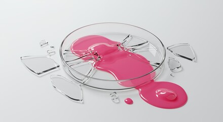 Poster - Shattered Pink Culture Petri Dish Isolated on White Screen Background Broken Glass Fragments and Splattered Liquid for Science Experiment Failure Concept