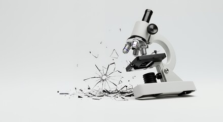 Poster - Shattered White Microscope Isolated on White Screen Reflecting Broken Dreams And Scientific Failure
