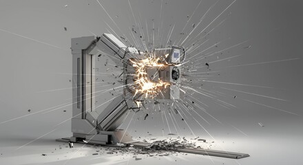 Poster - Shattered X-Ray Machine Radiating Fractured Lines On Isolated White Screen Background Photorealistic Medical Equipment Technology Healthcare Radiology Damage Repair Concept Backdrop Studio