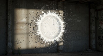 Poster - Wall Damage from High Powered Water Cannon on Isolated White Screen Showing Impact Force Splatter Marks Cracks and Peeling Paint Detailed Texture Surface in a Clean Studio Shot