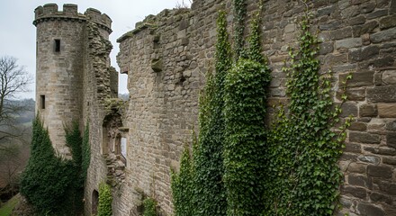 Poster - Weathered Stone Ruin Partially Covered in Ivy Isolated on White Screen Background Indicating Age and Decay and Ancient Architecture