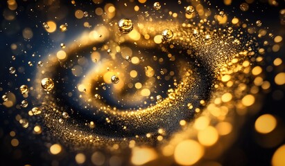 Fototapete - Golden spiral vortex of glittering particles and orbs in dark background