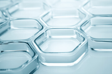Aufkleber - Hexagonal glass shapes on reflective surface create modern, abstract pattern. clear, geometric design evokes sense of technology and precision