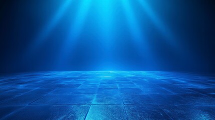 Poster - Abstract blue background with light rays illuminating a tiled floor.
