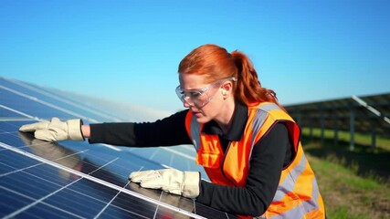 Technician inspecting solar panel array