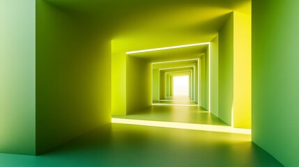 Poster - Abstract green corridor with glowing light at the end.