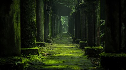 Poster - Moss-covered stone path and pillars leading to a mysterious, dark forest.