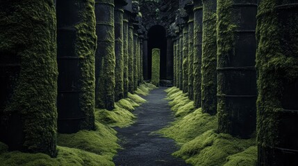 Poster - Moss-covered columns line a dark, mysterious pathway leading to a shadowy archway.