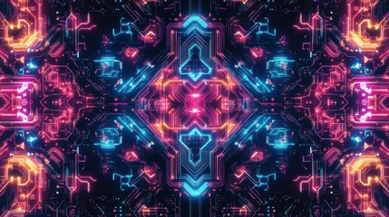 Poster - Vibrant neon symmetrical digital pattern with glowing lines and geometric shapes.