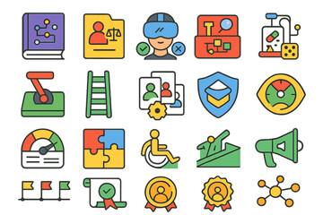 Poster - Collection of colorful icons representing technology, education, and gaming concepts in a digital art style