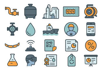 Poster - Diverse icons representing water management, industrial processes, and technology in utilities sector