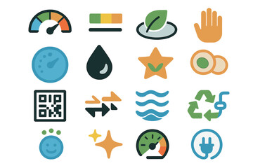 Poster - Collection of colorful icons representing sustainability, energy efficiency, and environmental awareness for graphic design