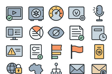 Poster - Collection of modern technology and security icons representing digital concepts and online activities in a flat design style