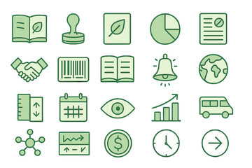 Poster - Collection of green icons representing various themes related to nature, business, and education for design and visual content