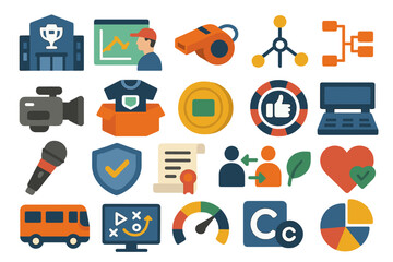 Poster - Various colorful icons representing technology, communication, and teamwork in a creative layout