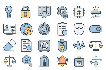 Poster - Collection of modern digital security icons representing various aspects of protection and data management in technology