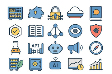Poster - Icons representing technology, security, and data analytics in a digital ecosystem with various symbols