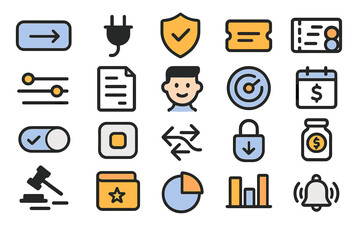 Poster - Icons representing various business concepts such as security, finance, and productivity during a digital design workshop