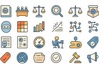 Poster - Legal and business icons featuring AI, data analysis, and compliance in a modern design