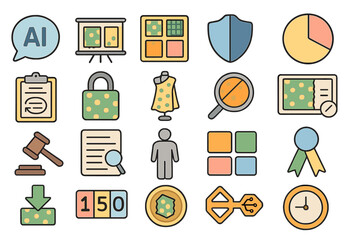 Poster - Colorful icons representing various concepts and activities in technology, law, and organization, suitable for digital platforms and design work