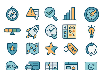 Poster - Variety of colorful icons representing business, technology, and productivity concepts in a flat design style