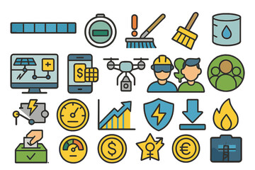 Poster - Icons representing various activities and concepts in technology, finance, and team collaboration