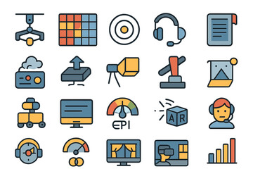 Poster - Collection of colorful icons representing technology, data analytics, and communication tools in a modern layout