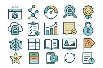 Poster - Variety of digital icons representing technology, data, and analysis tools for modern applications in a flat design style