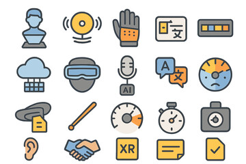 Poster - Diverse icons representing technology, communication, and artificial intelligence in a modern design context