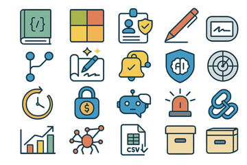 Poster - Icons representing technology, data management, and artificial intelligence in a creative layout