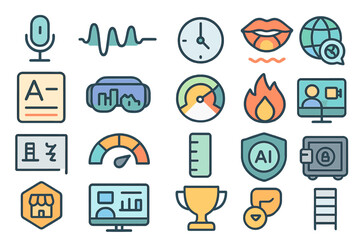 Poster - Diverse set of icons representing technology, communication, and measurement in a colorful design