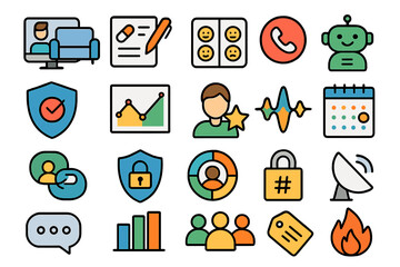Poster - Colorful collection of design icons representing communication, data, and security concepts in a modern digital setting