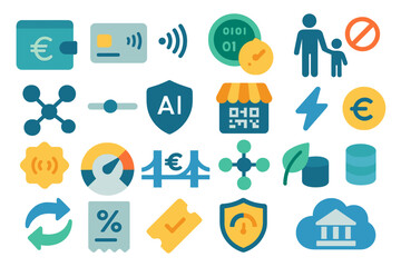Poster - Collection of colorful icons representing finance, technology, and data analysis in a digital context