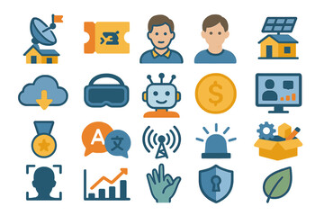 Poster - Icons representing technology, communication, and innovation in a digital landscape for modern applications