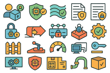 Poster - Colorful icons representing data security measures, digital transactions, and technology activities displayed in a grid format