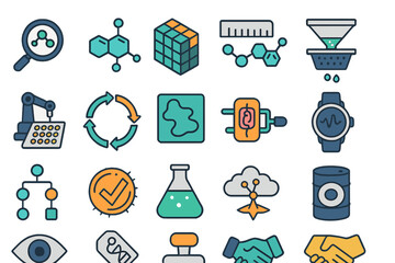 Poster - Concepts of science and technology represented by colorful icons on a clean background