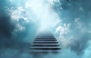Wall Mural - a staircase leading to the sky, surrounded by clouds and mist. the background is blue with white