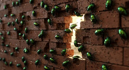 Poster - Meteor Impacted Brick Wall Isolated On White Screen Revealing Damage And Destruction with Green Jewel Beetles Around