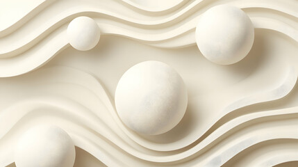 Poster - Elegant background featuring smooth, wavy lines and floating spheres in a monochrome palette